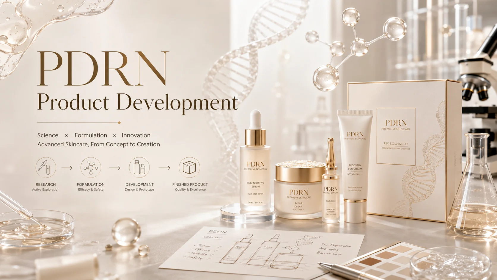 PDRN skincare product development featuring premium skincare items, scientific illustrations, and a research concept layout.